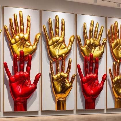 Life-sized, luxury realistic art canvas with Golden hand prints hanging in a gallery. make it really coulourful, catchy and custom made for a female billionaire