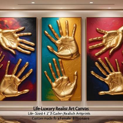 Golden hand prints hanging in a gallery